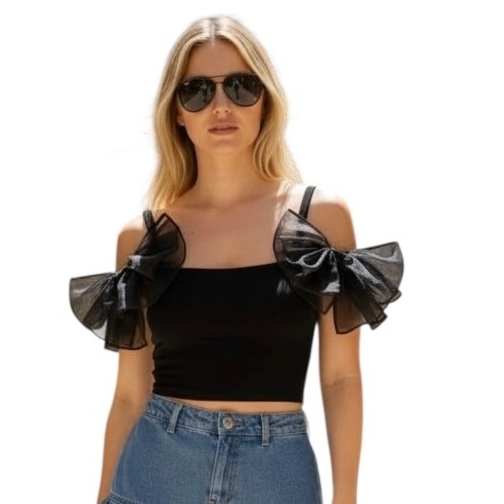 NEW SHEIN MOD Black XS Cropped‎ Tank Top with Tulle Bows Statement